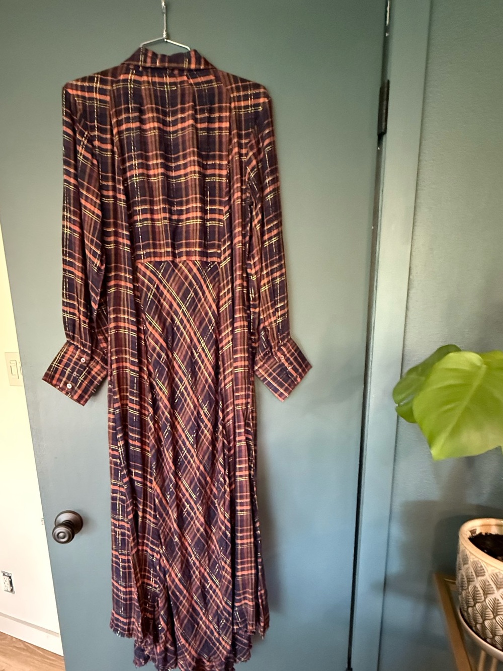 Natural Life Long Plaid Button-Front Maxi Dress in Burgundy and Navy - Picture 2 of 8